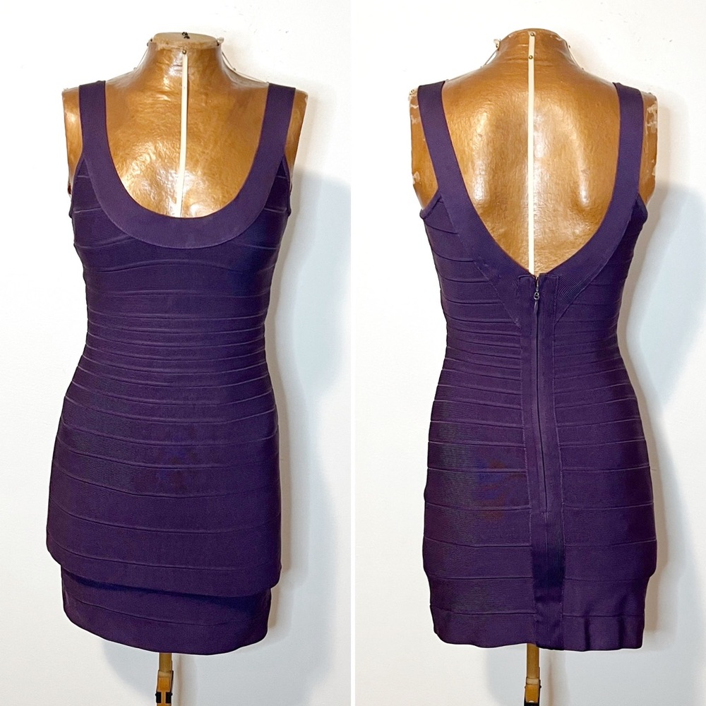 Herve Leger Sydney Scoop Neck Plum Bodycon Bandage Dress